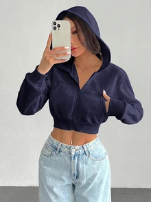SHEIN PETITE 白色女款純色前拉鍊長袖口袋極簡連帽外套，休閒秋季日常穿著，返校教師穿搭，適合嬌小女性 - 藏蓝色 - 查看 4