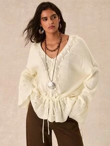 Easelle Women's Solid Color Drop Shoulder Long Sleeve Button Design Ruffle Hem Sweater - Apricot - View 6