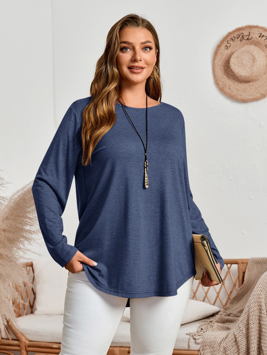 EMERY ROSE Plus Size Fall Women Solid Round Neck Long Sleeve Casual T-Shirt,Spring/Summer/Vacation - Navy Blue - View 1