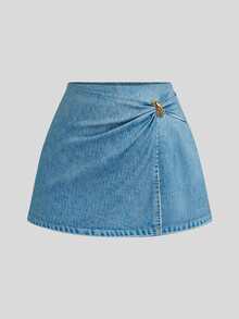 Sweetra CURVE Plus Size Women's Metal Decor Fashion Versatile Denim Effect Skirt - Blue - View 1