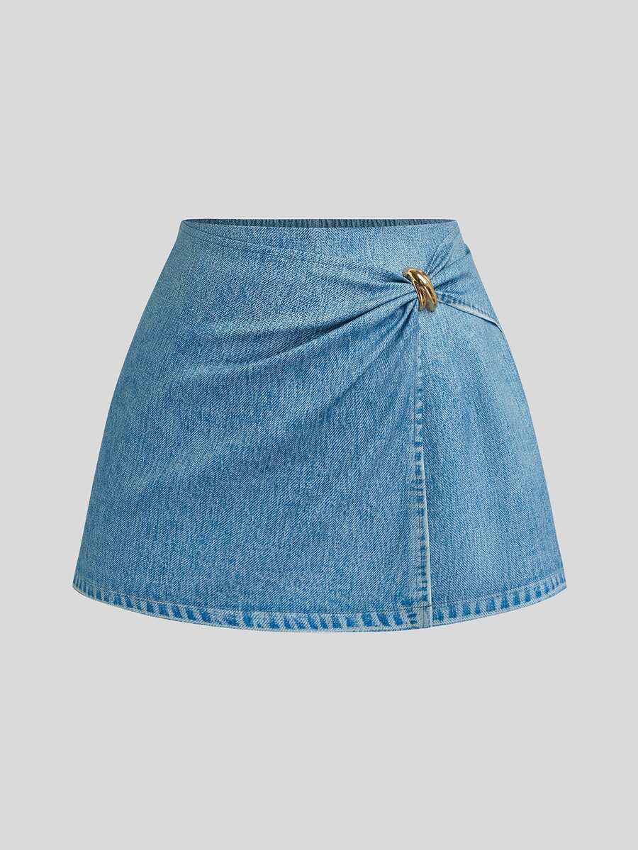 Sweetra CURVE Plus Size Women's Metal Decor Fashion Versatile Denim Effect Skirt - Blue - View 1