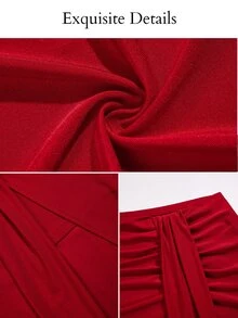 SOLERSUN Plus Size Women's High Waist Ruched Waist Front Tie Drape Split Bodycon Mid-Length Party Skirt, Autumn Outfit - Red - View 7