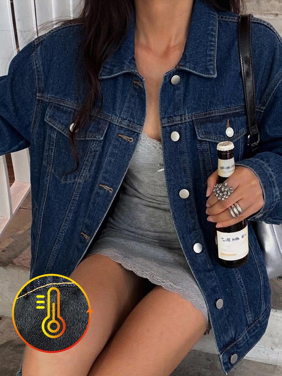 DAZY 女款秋季藍色翻領鈕扣口袋裝飾水洗寬鬆長袖短版牛仔夾克外套 - 藍色 - 查看 1