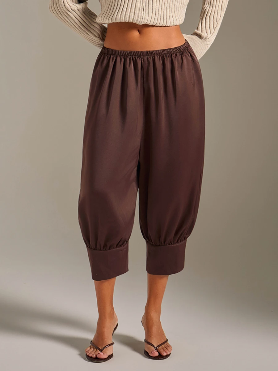 Athîral Women's Casual Solid Color Pleated 3/4 Length Pants - Coffee Brown - View 1