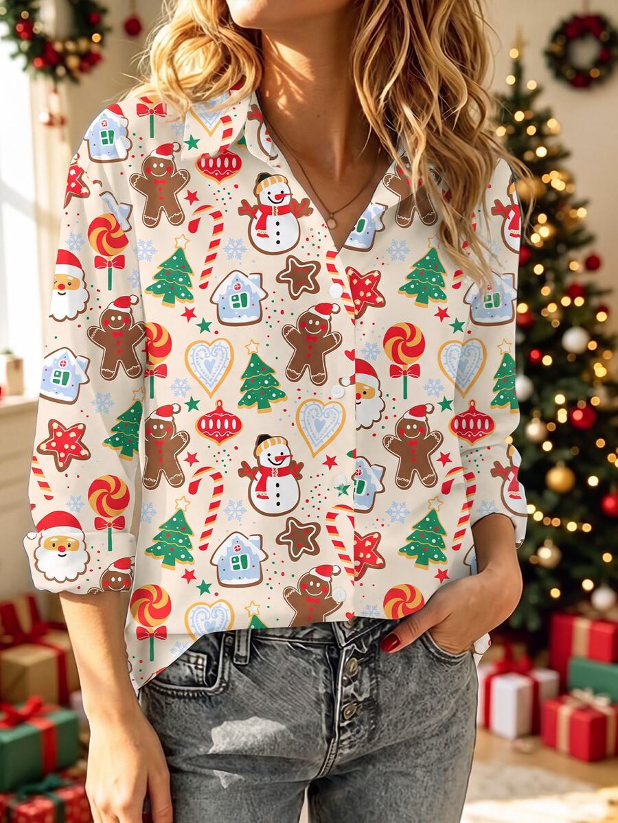 EMERY ROSE Cute 2026 Christmas Outfit Santa Claus Gingerbread Man Christmas Tree Print Long Sleeve Women's Blouse Top Autumn/Winter - Multicolor - View 1