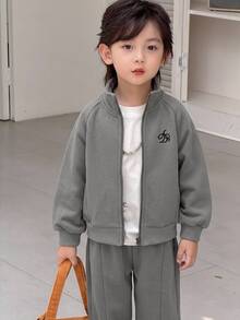 Dazy Kids Young Boys Stand Collar Zipper Casual Long Sleeve Loose Sweatshirt Top + Straight Leg Pants 2 Pieces Set - Grey - View 4