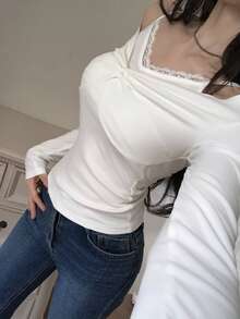 DAZY Solid Color Slim Fit Twisted Lace Trim Casual Vacation Korean Style Young Women Spring Autumn Top T-Shirt Long Sleeve Tops - White - View 5