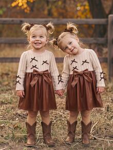 SHEIN Cute Knitted Bowknot Colorblock Long Sleeve Dress For Baby Girls - Khaki - View 7