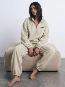 DAZY Women's Letter Pattern Long Sleeve Thermal Lined Sweatshirt And Pants Casual Pajama Set - Khaki - View 9