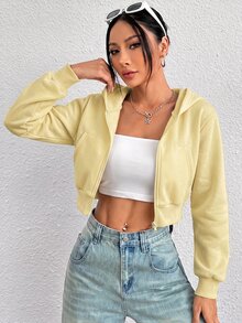 SHEIN PETITE 白色女款純色前拉鍊長袖口袋極簡連帽夾克，休閒秋季場合日常穿著，返校教師穿搭，適合嬌小女性 - 淡黃色 - 查看 4