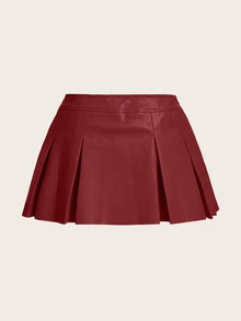 SHEIN ICON 女款純色百褶時尚百搭迷你裙 - 酒紅色 - 查看 3