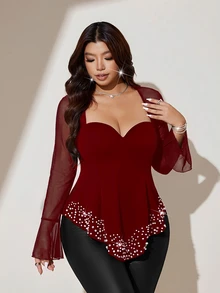 Viva Relle Sexy Slimming Square Neck Knit Top With Mesh Patchwork Design, Long Sleeve Plus Size T-Shirt Fall - Burgundy - View 5