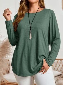 EMERY ROSE Plus Size Fall Women Solid Round Neck Long Sleeve Casual T-Shirt,Spring/Summer/Vacation - Dark Green - View 3