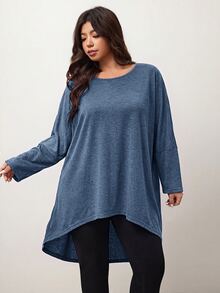 Enliva 大尺碼女款寬鬆蝙蝠袖不對稱下擺高低 T-shirt，圓領純色彈性柔軟舒適，灰色，適合秋季休閒、夜店、度假、辦公 - 霧霾藍 - 查看 5