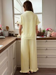 Snug Reverie Romantic Fresh Bubble Crinkle Yellow Striped Lapel Cardigan Frill Trim Heart Embroidery Women's Short Sleeve Long Pants Pajama Set - Yellow - View 2