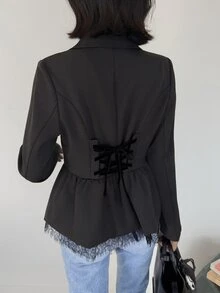 FRIFUL Women's Lace Patchwork Tie Design Casual Commute Blazer - Grey - View 4