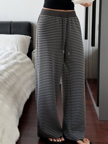 DAZY Women's Drawstring Waist Striped Loose Lounge Pants - Grey - View 4