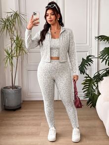 SHEIN EZwear Bộ đồ casual nữ size lớn gồm áo tank top cổ vuông khóa kéo trước họa tiết da báo và quần legging - Nhiều màu - Xem 5