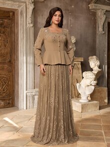 Serin Plus Size Elegant Romantic Khaki Square Neck Luxury Rhinestone & Pearl Embellished 2 In 1 Lace A-Line Dress, Suitable For Wedding, Party, Celebration, Heavy Work Bridal Mother Dress - Khaki - View 4