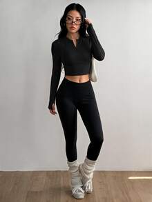 Dewbera Dewbera Women's Solid Color Half-Zip Thermal Lined Long Sleeve Sports T-Shirt - Black - View 4