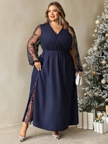 SHEIN CURVE+ Plus Size Women's Fall Patchwork Embroidered Meshv V-Neck Elegant Autumn Wedding Formal Navy Dress - Navy Blue - View 5