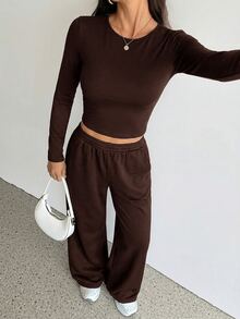 SHEIN Tall 女款秋季休閒長袖上衣與長褲兩件套 - 棕色 - 查看 6