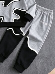 1套幼童拼色運動套裝，獨特波浪線條藝術拼接印花，圓領長袖收口設計 - 彩色 - 查看 7