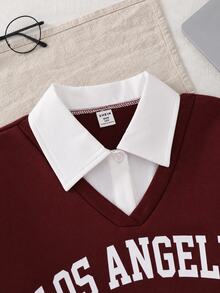 SHEIN Tween女孩秋季服飾，抓絨內裡學院風衛衣與格紋百褶裙2件套套裝 - 酒紅色 - 查看 4
