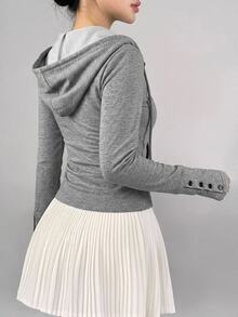 DAZY Autumn Korean Style Grey Hooded Slim Fit Button Decor Casual Tennis Running Streetwear Women's Sports Sweatshirt - Grey - View 2