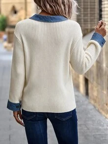 SHEIN Clasi كنزة نسائية أنيقة بتصميم كتل لونية من الدنيم مع رقعات وياقة مضلعة وأكمام طويلة - متعدد الألوان - مشاهدة 2