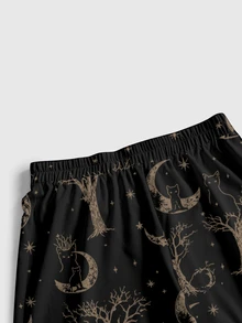 ROMWE Goth Plus Size Cat Print Loose Wide Leg Long Pants - Black - View 4