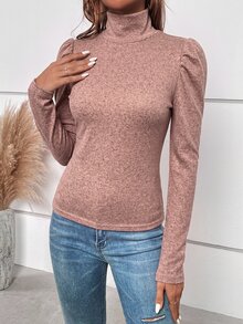 SHEIN Clasi 女款秋季簡約鈕扣裝飾泡泡袖高領長袖T恤 - 藕粉色 - 查看 2