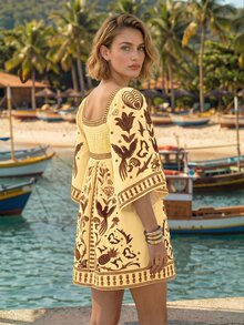 CAJUNI Women's All-Over Print Square Neck Casual Daily Summer Mini Dress - Light Yellow - View 4
