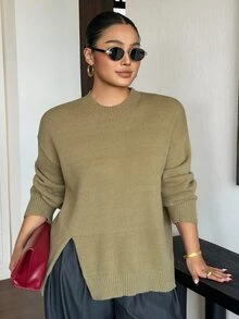 Dazy Plus Solid Color Casual Loose Fit Fun Commute Green Pullover Sweater - Army Green - View 3