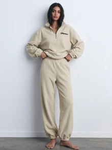 DAZY Women's Letter Pattern Long Sleeve Thermal Lined Sweatshirt And Pants Casual Pajama Set - Khaki - View 11