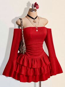 SHEIN ICON 女款純色抓皺露肩休閒派對迷你洋裝 - 紅色 - 查看 4