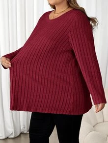 SHEIN CURVE+ تي شيرت نسائي مقاس كبير بتفاصيل ختم الحروف المدمجة باللون الفيروزي للخريف - عنابي اللون - مشاهدة 5