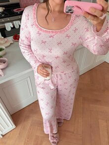 Slumberry CURVE Sweet Ins Bow Print Lace Patchwork Long Sleeve Knit Plus Size Pajama Set - Pink - View 6