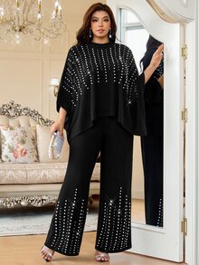 Reflora Plus Size Women's Round Neck Top And Long Pants Casual Daily 2 Pieces Set - Black - View 5