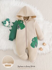 Cozy Pixies Baby Boy Casual Comfortable Daily Versatile Dinosaur Print Hooded Romper - Khaki - View 3