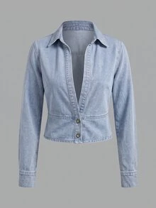 Elenzga Women's Long Sleeve Single-Breasted Casual Denim Shirt - Blue - View 1