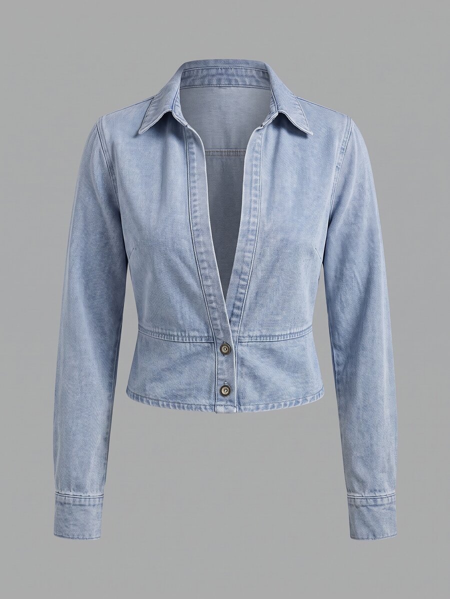 Elenzga Women's Long Sleeve Single-Breasted Casual Denim Shirt - Blue - View 1