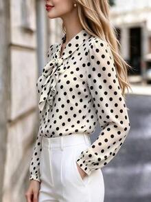 RosyDaze Women's Tie Neck Polka Dot Casual Versatile Top - Black - View 4