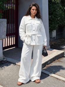 Dazy Plus Long Sleeve Single-Breasted Multi-Pocket Denim Jacket & Wide Leg Denim Jeans Casual Set, Daily Autumn Outfit - White - View 3