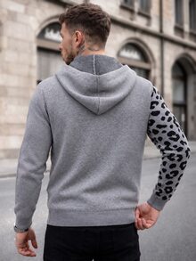 Manfinity CasualCool Men's Hooded Zip-Up Knit Cardigan, Colorblock Patchwork Leopard & Zebra Print Mixed Short Casual Sweater Jacket - Grey - View 2