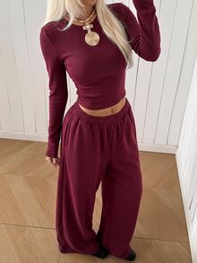 SHEIN EZwear 米色針織女款圓領長袖T恤與長褲套裝，居家旅行秋季休閒 - 酒紅色 - 查看 1