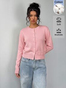 SHEIN BASICS Women's Sweet Double-Breasted Long Sleeve Knit Cardigan - Pink - View 3