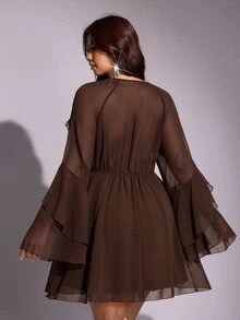 Viva Relle 大尺碼女款深V領喇叭袖時尚性感酒紅色洋裝 - 棕色 - 查看 6