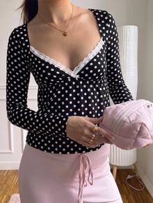 CovetEZ 女款蕾絲拼接波點休閒日常T恤 - 黑色 - 查看 5