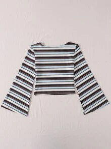 SHEIN American Retro Blue & Brown Striped Boat Neck Snug Fit Elastic Flared Sleeve Cropped Knit Base Layer Top - Multicolor - View 2